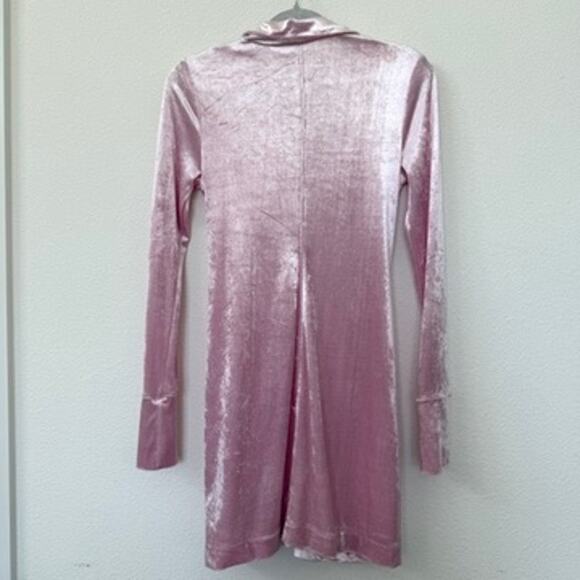 FREE PEOPLE Velvet Ruched Mini Dress Pink Collared Long Sleeve Bodycon XS Y2K - Picture 4 of 7